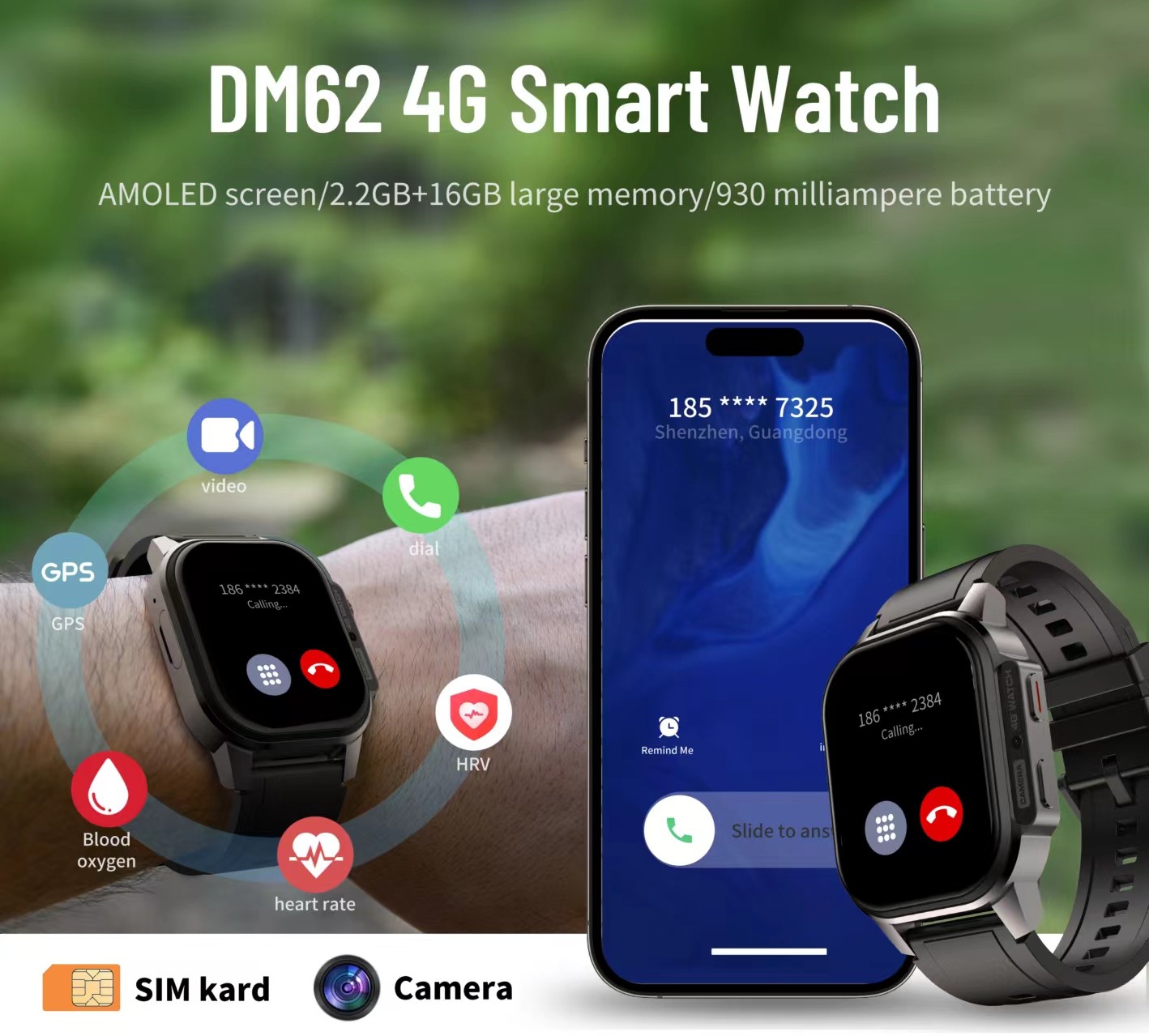 4g Sim Card Smart Watch DM62 SmartWatch 2.13Inch Amoled Display Android RAM 2GB + ROM 16GB
